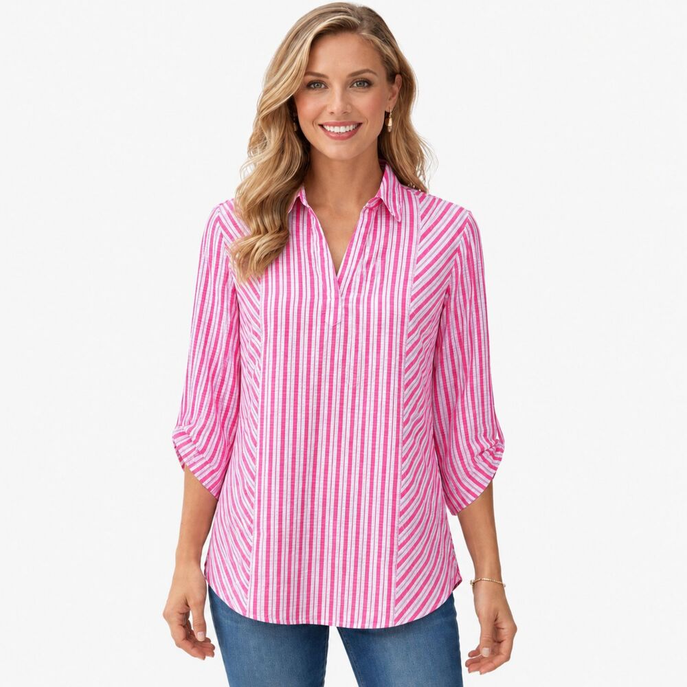 Chico’s Tunic Top  Size 1 (8)  Fuchsia & White Popover